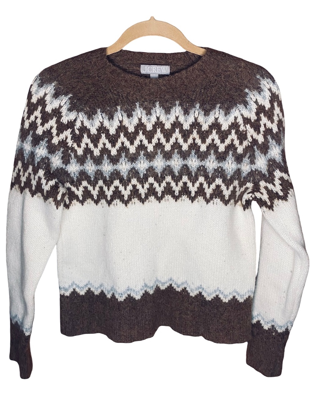 J. Crew lambswool fair isle brown crew neck pullover knit sweater size small